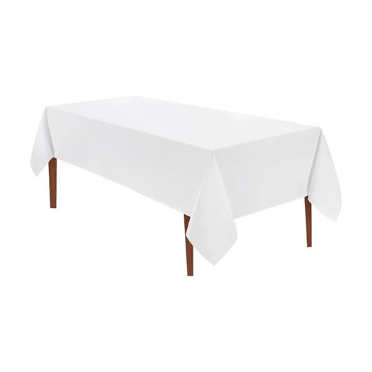 Close-up view of the white polyester fabric, highlighting its stain and wrinkle-resistant texture.