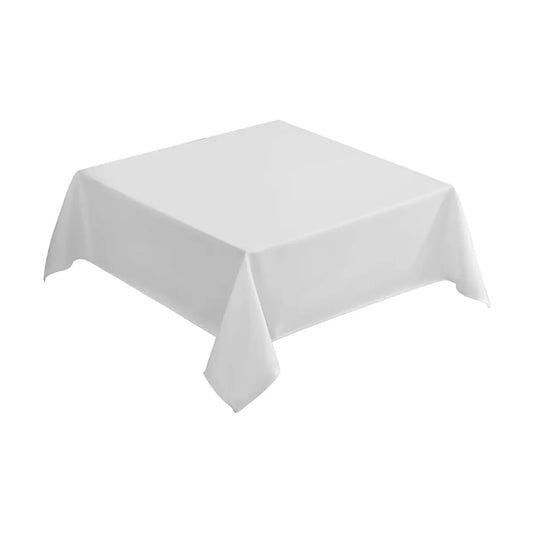 Close-up shot of the white polyester fabric, emphasizing its smooth, wrinkle-resistant surface.