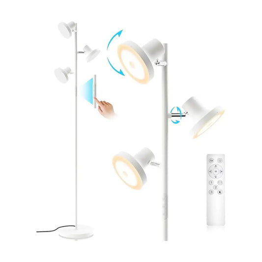 A multi-head LED tree floor lamp with three rotatable lights, providing adaptable lighting for any room.