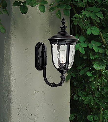 Close-up detail of the hammered glass texture and the texturized black finish on the metal frame of the outdoor light.