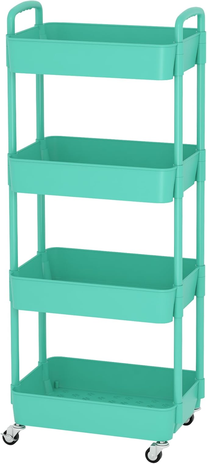 Frontal view of the green rolling utility cart, ready for assembly or immediate use.