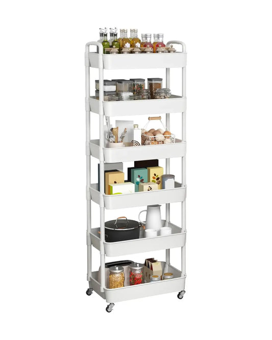 The multi-functional storage trolley placed in a modern living room, holding plants and decor.
