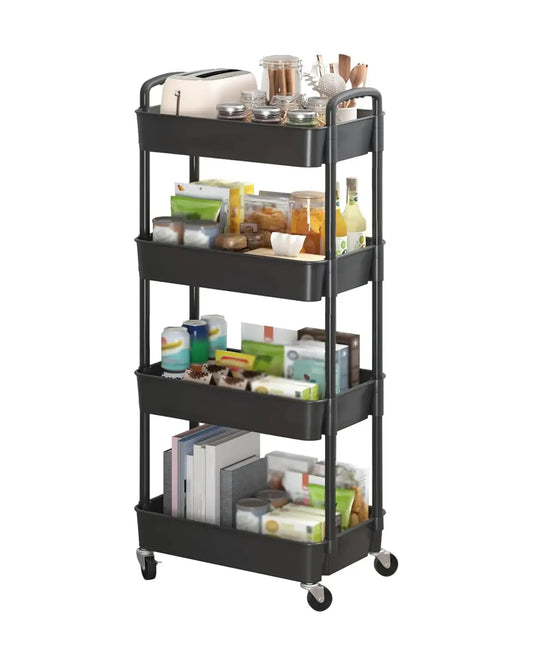 Side view of the multi-functional storage trolley, highlighting its smooth-rolling wheels.