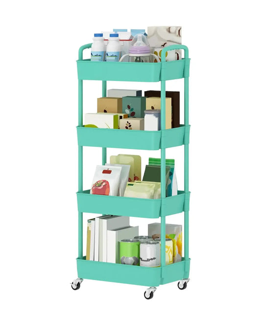 Side view of the multi-functional storage trolley, highlighting its smooth-rolling wheels.