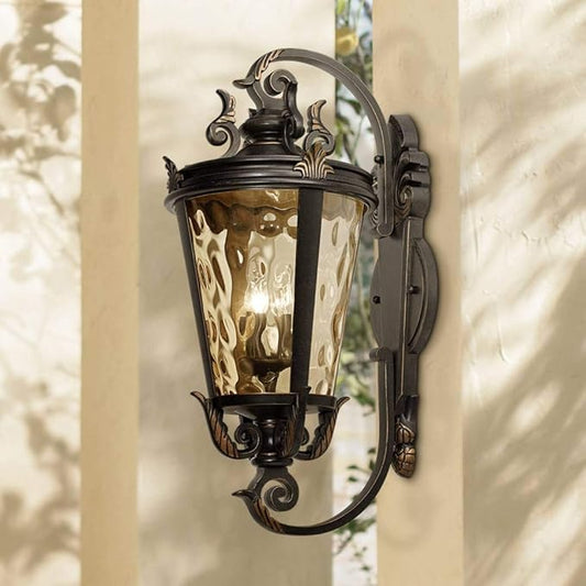 Front view of the large 36-inch outdoor light, highlighting its intricate scroll design and textured glass.