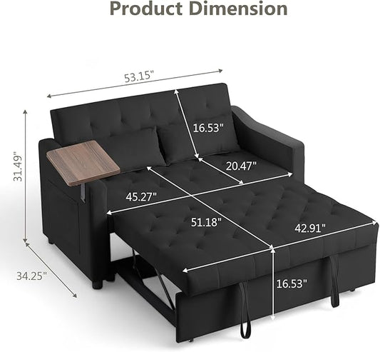 The 3-in-1 sofa bed fully extended as a comfortable sleeper, with pillows visible.