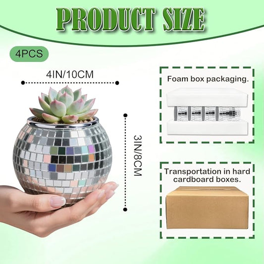 Close-up of a single disco ball vase, showcasing its intricate, reflective mirror tiles.