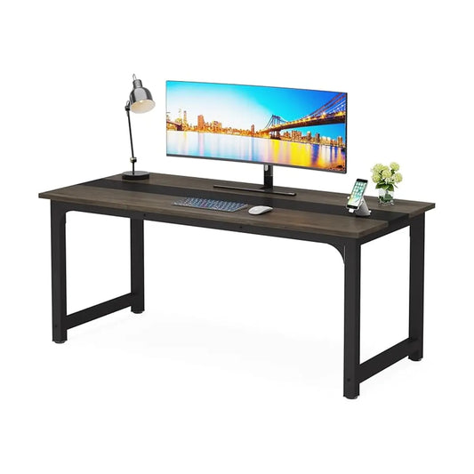 The office desk positioned in a modern home office setting, illustrating its generous 31.5-inch deep desktop.