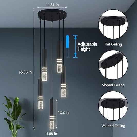 Close-up view of the black finish and crystal details on the mini LED pendant light fixture.