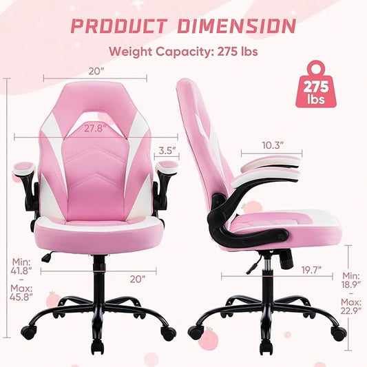 Side profile of the pink gaming chair, showcasing its comfortable design and adjustable height.