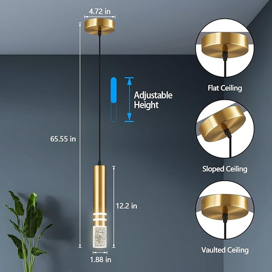 Close-up view of the gold finish and sparkling crystal details on one mini LED pendant light fixture.