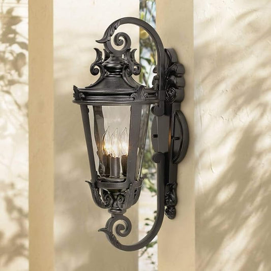 Front view of the 21 1/2-inch outdoor light, featuring a distinctive Mediterranean black finish.