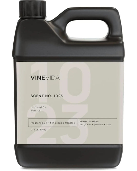 Close-up view of the product label on the fragrance oil bottle, showing 'Scent No. 1023 Bonbori' and '32oz (2lbs)'.