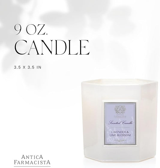 Close-up of the Antica Farmacista Lavender & Lime Blossom candle in its elegant glass jar.