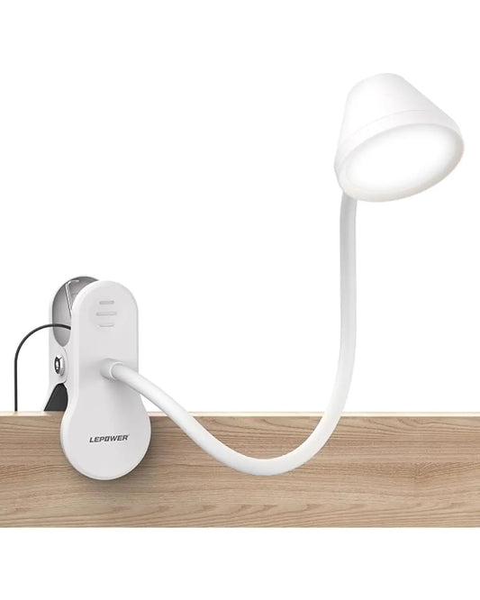 Close-up of the flexible goose neck and LED light head of the white clip-on lamp.