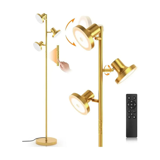 A modern LED tree floor lamp with three rotatable light heads, providing versatile lighting for living spaces.