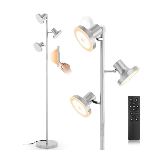 A contemporary LED tree floor lamp with three adjustable lights, designed for versatile room illumination.