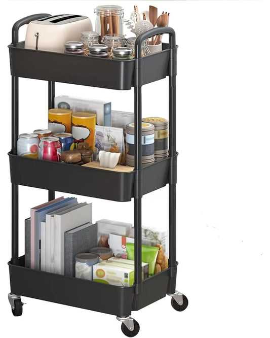 Side view of the multi-functional storage trolley, highlighting its smooth-rolling wheels.