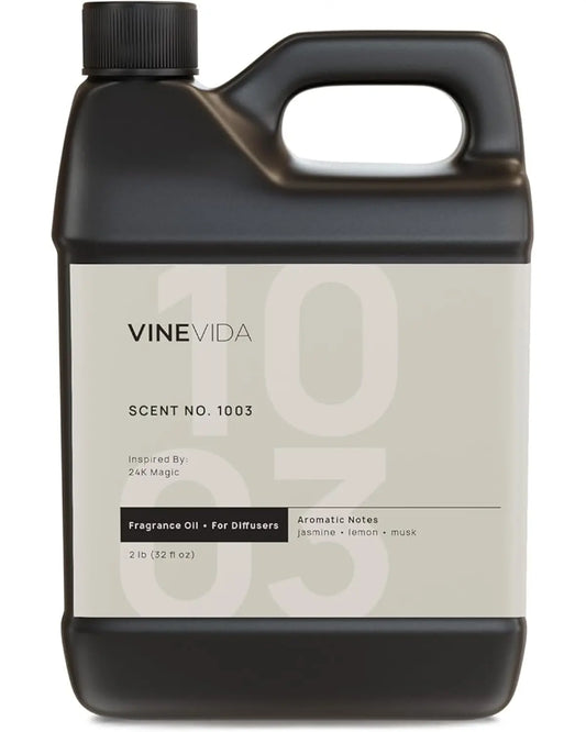 Clear bottle of Fragrance Oil Scent NO. 1003, presented with its black pump.