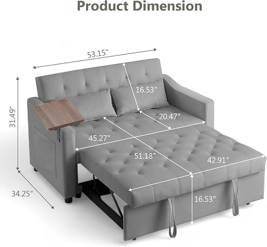 The loveseat sofa bed fully extended into a comfortable sleeping position, showcasing its pull-out mechanism.