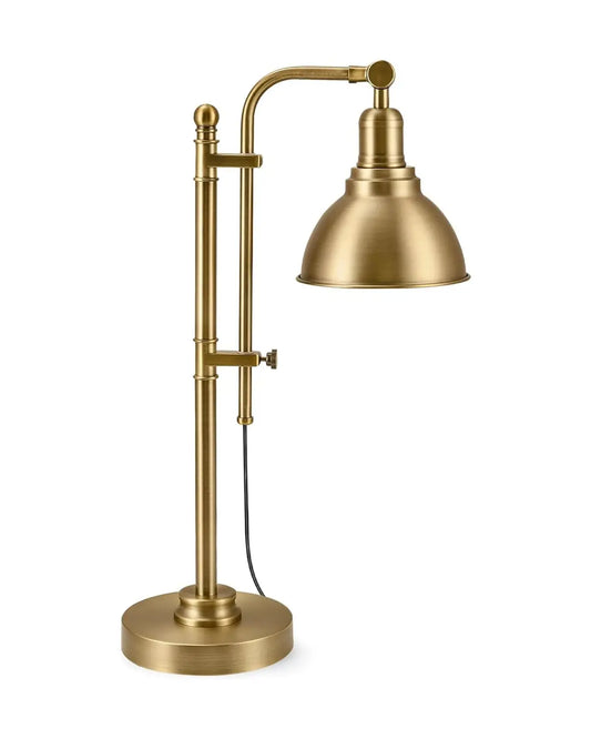 Full view of the task lamp, showing its 25-29 inch adjustable height, sturdy round base, and vintage style.