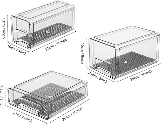 Close-up of the stackable design, showing several clear plastic organizers neatly placed one on top of the other.
