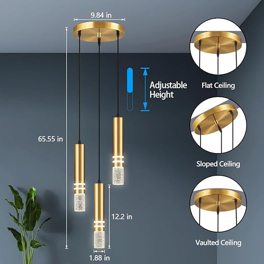 Close-up view of the gold finish and sparkling crystal details on the mini LED pendant light.