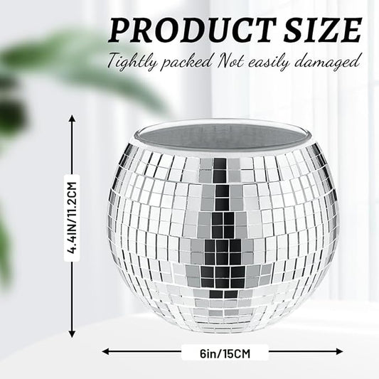 Close-up of the small mirrored tiles covering the disco ball vase, creating sparkle.