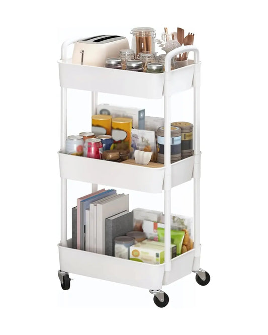 Side view of the multi-functional storage trolley, highlighting its smooth-rolling wheels.