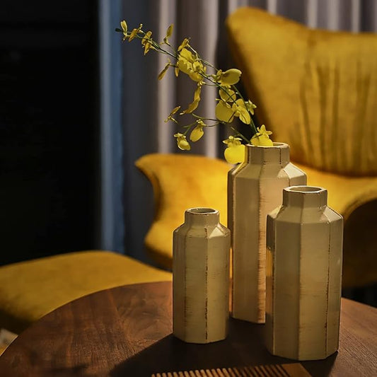 Close-up of the unique ice-cracked texture on one of the decorative terracotta vases.