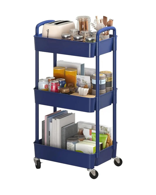 Side view of the multi-functional storage trolley, highlighting its smooth-rolling wheels.