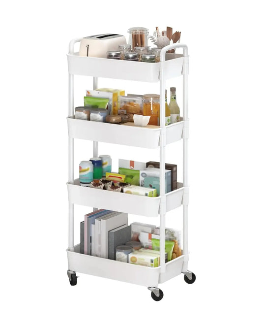 Side view of the multi-functional storage trolley, highlighting its smooth-rolling wheels.