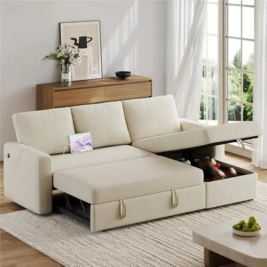 Full view of the reversible sectional couch, highlighting its spacious design and beige upholstery.