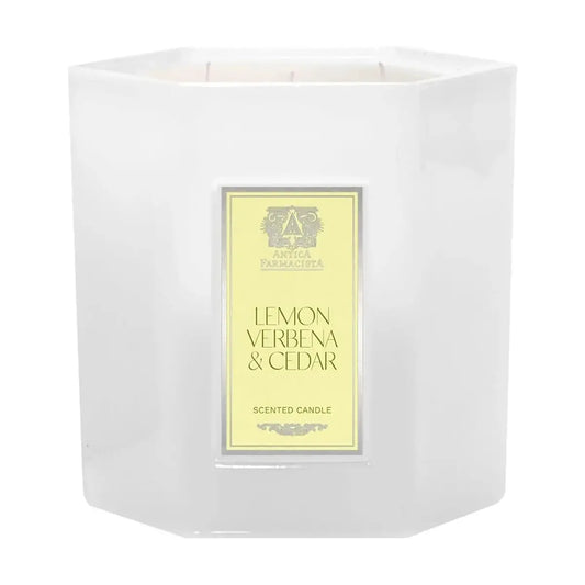 Three-wick jar candle with a 'Lemon, Verbena & Cedar' label, presented in clear glass.