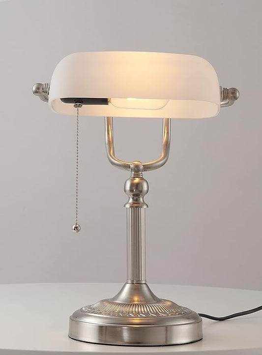 Close-up of the pull chain switch and the smooth, matte texture of the sand nickel base.