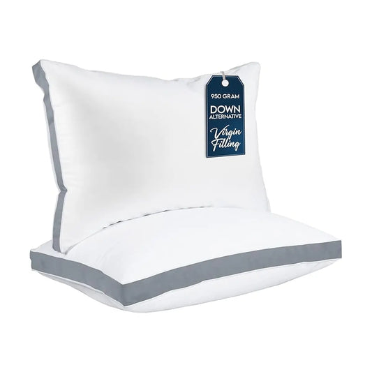 Close-up of the gusseted edge of a cooling hotel quality pillow, showing its structured design.