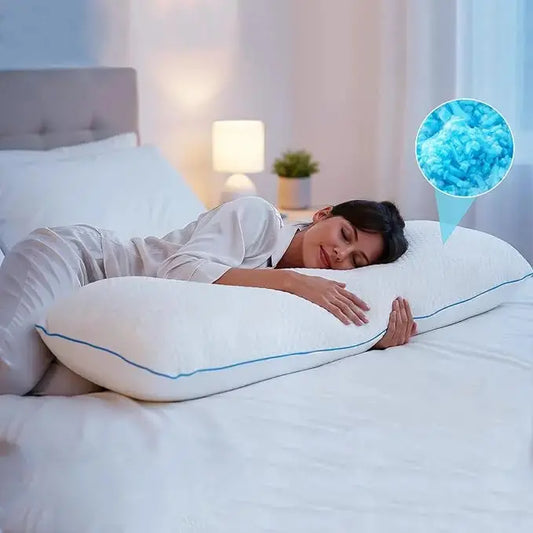 Close-up of the pillow's breathable fabric cover, showing its soft texture and cool feel.