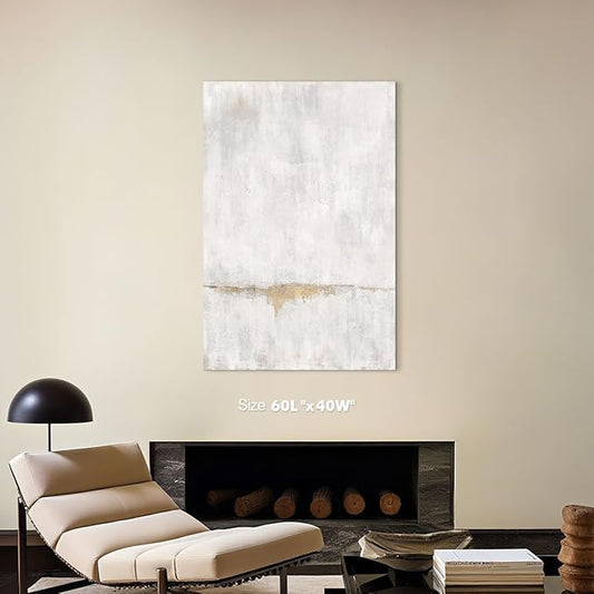 Full view of the elegant framed abstract artwork, showcasing its subtle white and gold patterns.