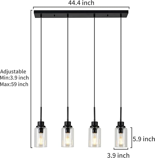 Close-up of one clear glass shade on the black pendant light fixture.