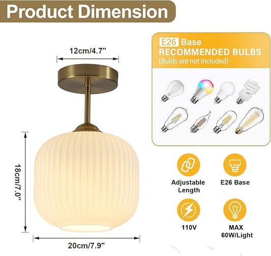 Side view of the semi-flush mount light, highlighting the gold metal base and the textured ribbed milk glass shade. The