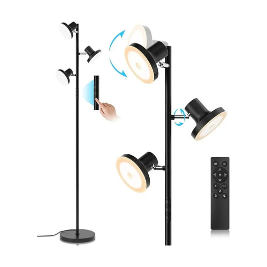 A contemporary LED tree floor lamp featuring three independently adjustable light heads, perfect for task or ambient lig