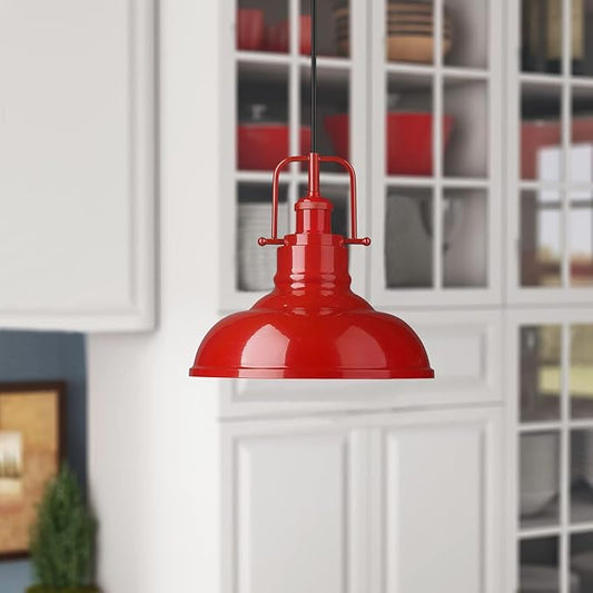 Angled view of one red pendant light, highlighting its striking color and sleek, contemporary design.