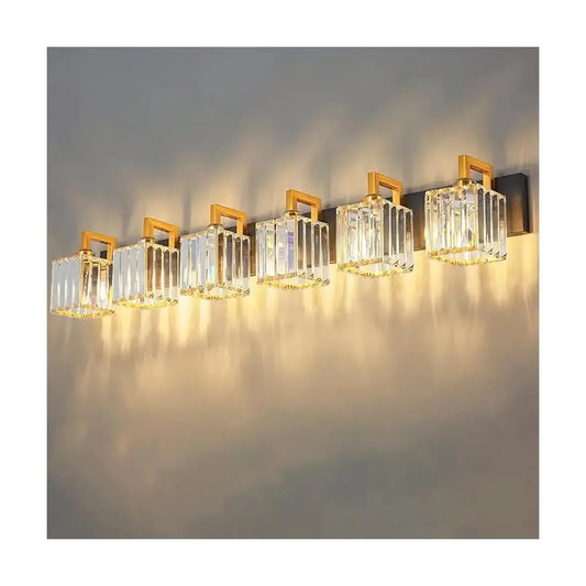 Front view of the elegant 6-light vanity light, showcasing its black and gold finish with crystal shades.