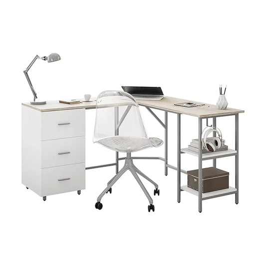 The computer desk positioned in a corner, showcasing its space-saving design and ample workspace.