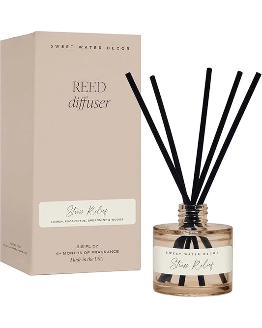 The Stress Relief reed diffuser bottle displayed on a light-colored table, enhancing room decor.