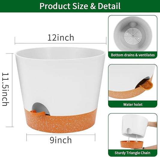 Close-up of the white self-watering planter, highlighting its deep reservoir and drainage holes.
