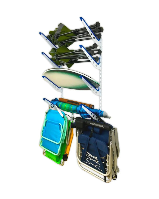 Close-up of the metal arms of the beach gear storage rack, showing adjustability.