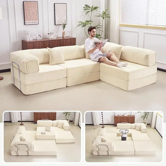 The beige L-shape sofa transformed into a flat, foldable floor sofa bed.