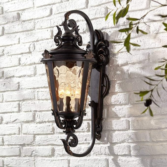 Front view of the 27 1/2-inch outdoor light, showcasing its rustic industrial design and warm bronze finish.