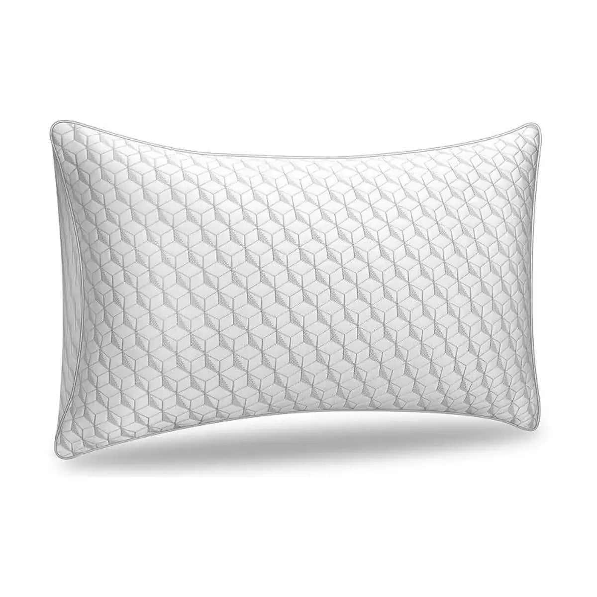 A single premium queen size bed pillow with a white cover, presented on a clean surface.